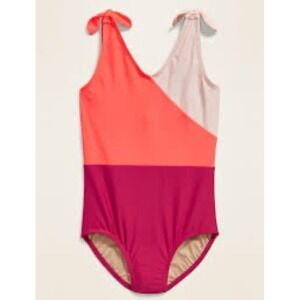 Old Navy Pink‎ Color Blocked Tie-Shoulder One Piece Swimsuit Girl's Large
